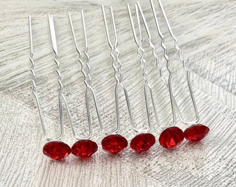 Bright red crystal on silver hair pins | red barrettes | red wedding bobby pins | 6 hair pins | red bridal hair slides | red decorative pins