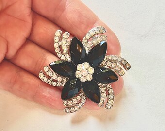 Black and silver rhinestone floral brooches pin, wedding sparkling brooch for brides mother, gift idea