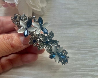 Dark blue crystal on vintage silver clip, bridal bridesmaid sapphire hair barrette, wedding navy blue metal hairslide, hair accessories