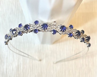 Rhinestone wedding headband, bridesmaid flowergirl royal blue rhinestone and sparkly silver crystal tiara, something blue hairband