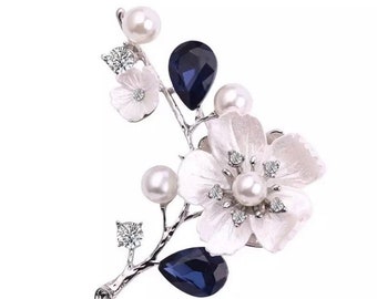 Elegant  navy sapphire brooch pin | flower pearl pin | silver diamanté  clothes decorative accessories | something blue bride gift idea