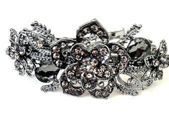 Black rhinestones on antique silver hair clip, bride bridesmaid hair barrette, wedding floral  black and silver hair slide, hair accessories