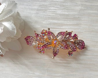 Sparkling Pink Rhinestone Hair Clip | Wedding Pink and Gold  French Barrette | Pink Floral Hair Slide | Hair Accessories