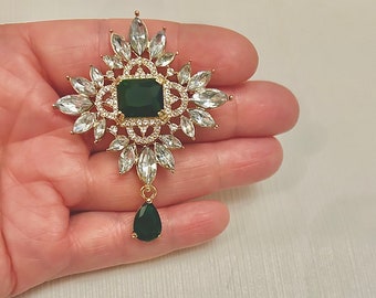 Sparkling Green Gold Rhinestone and Crystal Brooches Pin | Emerald Crystal Victorian Style Pin | Clothes Coat Brooches Clip