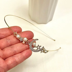 Gold star moon crystal pearl headband, sparkling celestial headband, bridesmaid flowergirl wedding and occasions hairpiece, gift idea image 2