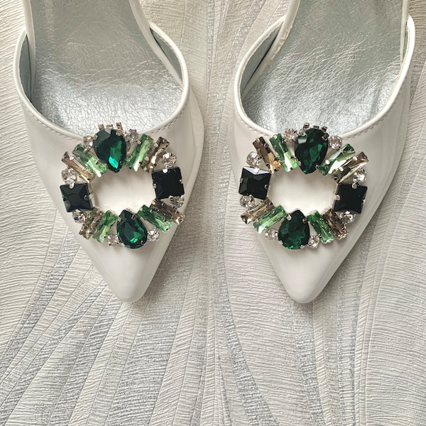 I Pair Wedding Green  Rhinestone Shoe Clips, Bridal Mixed Green Shoe Brooches, Removable Green Shoe Buckels, Decorative Green Shoe Clasp