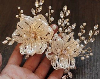 Pearl bead bride hairpiece | wedding side flower hair decoration | bridesmaid flower girl guest crystal hair accessories | gold hair vine