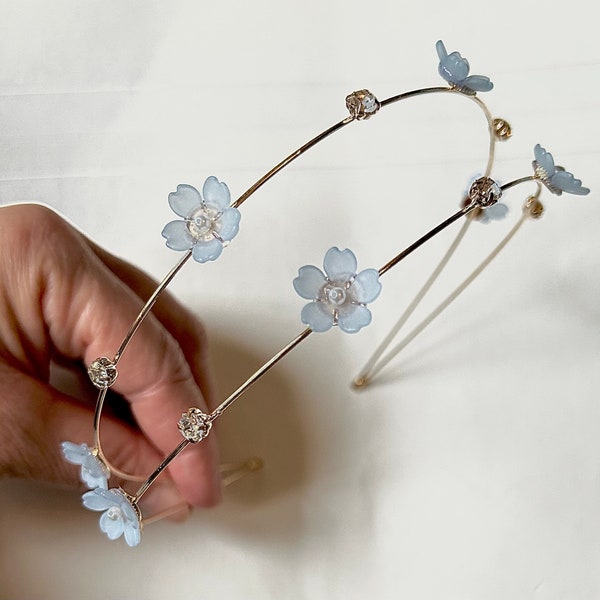 Baby blue flower rhinestone headband, light blue flower pearl on gold hairband, flowergirl bridesmaid hair clip, hair accessories