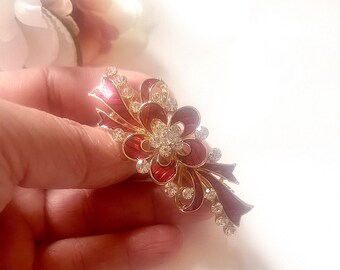 Bright Red Hair Clip | Red and Gold French Barrette | Red Metal and Sparkly Gold Crystal Floral Hairslide | Wedding Occasions Hairpin