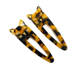 1 pair cute cat face  hairs clips | Alligator hair slide | Brown and black with  gold tortoiseshell barrettes | Women girl hair accessories