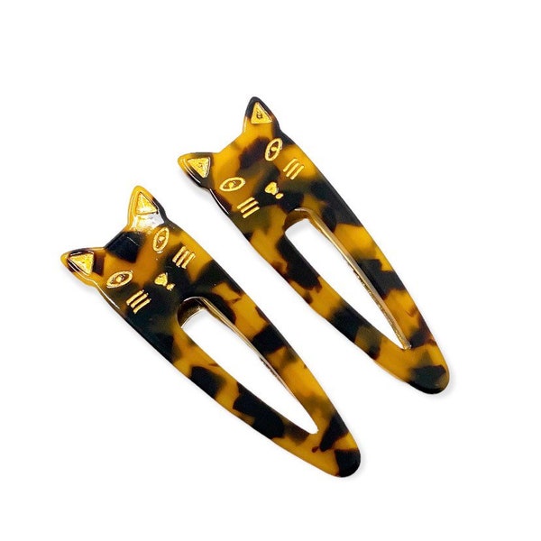 1 pair cute cat face  hairs clips | Alligator hair slide | Brown and black with  gold tortoiseshell barrettes | Women girl hair accessories