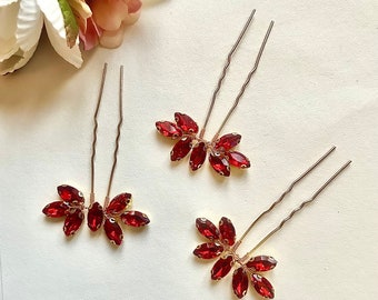 3 Pcs vibrant red rhinestones hairpins,  bridal ruby red and gold hair slides, wedding bright red hair clips, bridesmaid hair accessories