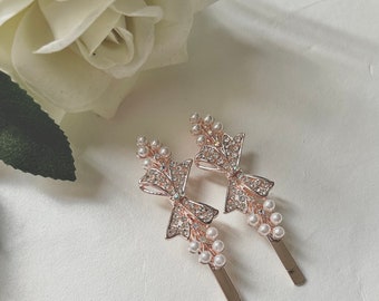 Rose gold pearl hair slides, wedding rose gold bow pearl hair clips, sparkling bobby pins, hair accessories