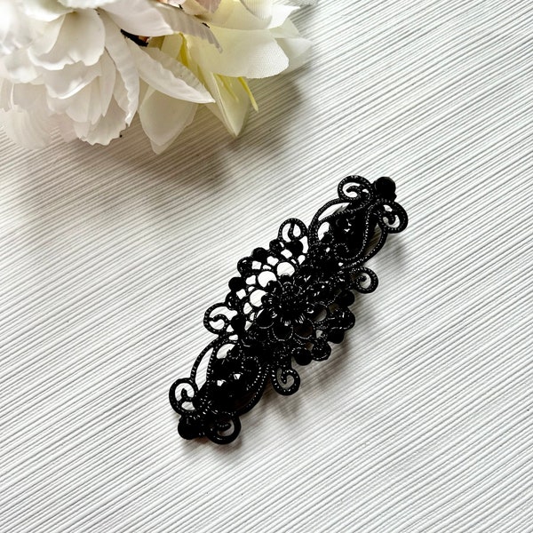 Jet black crystal hair clip, wedding hair barrette, black hair accessories, bridal bridesmaid black floral hairslide