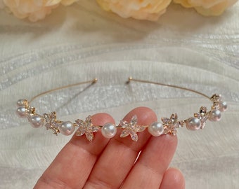 Gold Star and Pearl Wedding Hairband | Gold Crystal and Pearl Bridal Hairband | Sparkly Wedding Gold Crystal Pearl Headband