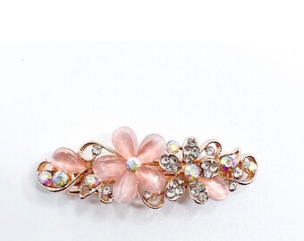 Wedding Pink Rhinestone Hair Clip  | Bridal Pink Floral  Barrettes | Hair Accessories | Wedding Pink Floral Hair Clip | Pink Spring Clip