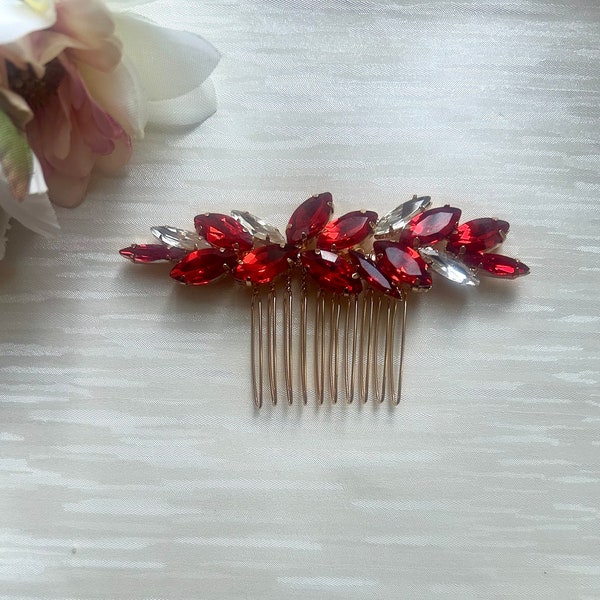 Vibrant red and clear rhinestone hair comb, bridal bridesmaid hairslide, wedding bright red and gold barrette, hair accessories, gift idea