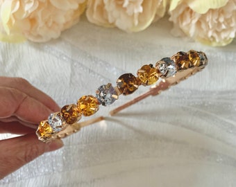 Gold and Champagne Crystal Hairband | Gold Wedding Hair Band | Gold and Champage Hairband  For Wedding | Gold And Champagne Wedding Headband
