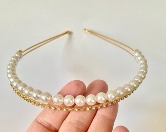 Gold pearl and crystal headband | gold  crown | double band metal hair piece| pearl hair clip  girl wedding occasions hair piece