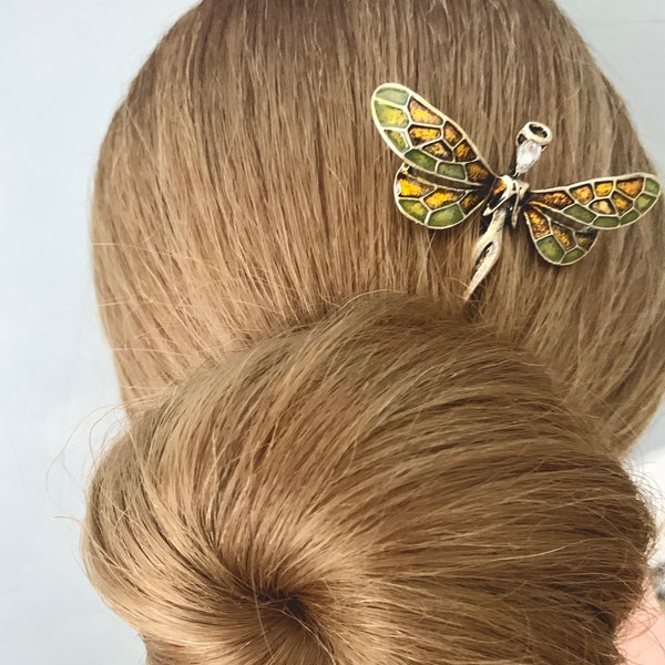 Vintage fairy hair bun pin | antique bronze plated hairpin | long hair bun holder | rhinestone metal hair stick | Gift idea