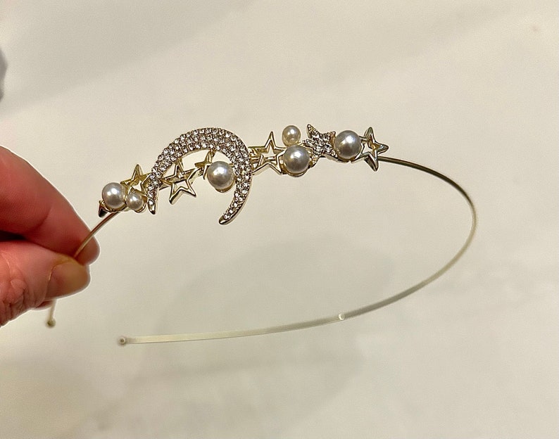 Gold star moon crystal pearl headband, sparkling celestial headband, bridesmaid flowergirl wedding and occasions hairpiece, gift idea image 4