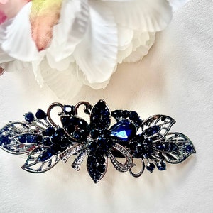 Wedding antique silver navy blue crystal hair barrette, bridal bridesmaid dark blue hairslide, hair clip, something blue, gift for her zdjęcie 3