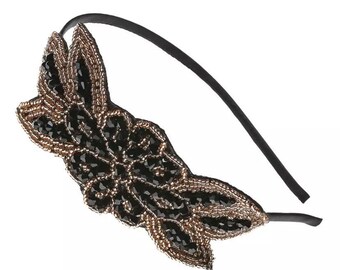 Black and gold beaded head piece | Vintage leaf shaped headband | Great Gatsby bridal Flapper headband | gift for her