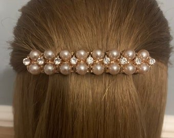 Pearl bridal hair clip, Pearl French barrette, Pearl hair slide, Pearl wedding hair clip, Hair clip for bride, champagne pearl hair clip,