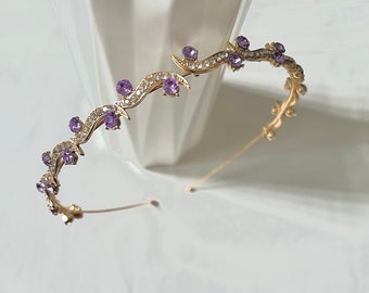 Serre-tête violet clair et strass dorés, serre-tête scintillant de demoiselle d'honneur demoiselle d'honneur, accessoire de cheveux en or lilas de mariage, accessoires pour cheveux