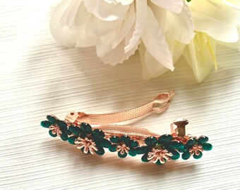 Dark green crystal on gold hair clip, bride, bridesmaid hair barrette, green and gold floral hairslide, hair accessory, gift for her