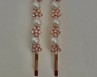 2 x champagne colour crystal and pearl hair clips, wedding gold colour floral hairslides, bridesmaid flowergirl hairclips, metal bobby pins