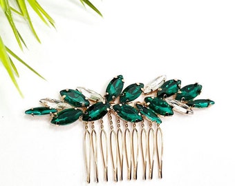 Wedding Emerald Green Rhinestone Hair Comb | Bridal Dark Green Rhinestone Hair Clip | Green Gold Wedding Hairslide  | Hair Accessories