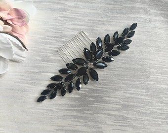 Black rhinestones on silver hair comb, bridal bridesmaid hairslide, wedding black hair pin, hair clip, hair accessories