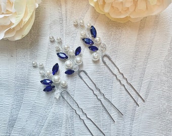 Navy Blue Crystal Hairpins | Wedding Dark Blue Crystal And Pearls Silver Hairpins | Bridal Silver Pearls and Blue Crystal Hairpins | 3 Pcs