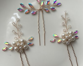 Colourful rhinestone pearl hair pins, bridal bridesmaid hair slides, wedding gold hair pieces, hair accessories
