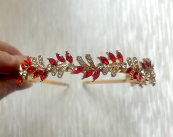 Bright Red Rhinestone Headband | Wedding Red Gold Crystal Headband | Bridal Sparkly Red  Gold Crystal Headband | Hair Accessories