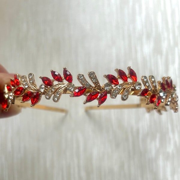 Bright Red Rhinestone Headband | Wedding Red Gold Crystal Headband | Bridal Sparkly Red  Gold Crystal Headband | Hair Accessories