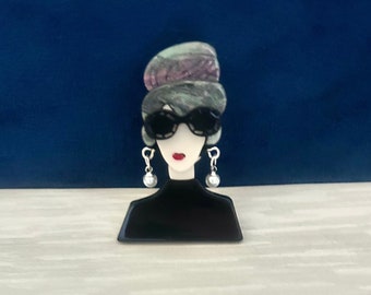 Elegant Lady with Pearl Earrings Brooch Pin Art Deco  Large Acrylic Jacket Clothes Brooch Pin  | Fun Brooch | Gift For Her