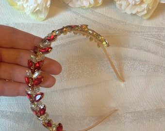 Bright Red Rhinestone Headband | Bridal red  and Gold Hairband | Wedding Vibrant Red and Gold Hair Piece | Bridesmaid Hair Band