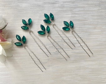 Emerald Green Rhinestone on Silver Hair Pins | Bridal Dark Green Hair Clips | 5 PCS Wedding  Green Hair Slides | Hair Accessories