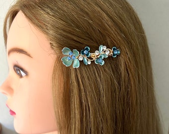 Blue floral hair clip, decorative blue and gold crystal hair slide, bridesmaid flower girl barrette, hair accessories, gift idea