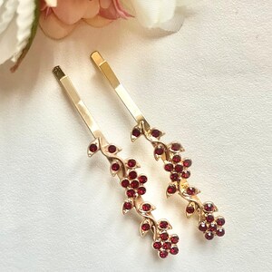 1 Pair Dark Red Crystal on Gold Hair Clips | Wedding Sparkly Burgundy Crystal on Gold Hairslides | Bridesmaid Hairpin | Bridal Bobby Pins