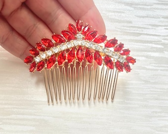 Wedding Red Rhinestones and Gold Hair Comb | Bridal Sparkly  Red and Gold Hair Clip | Bridesmaid Hair Slide | Hair Pin | Hair Accessories