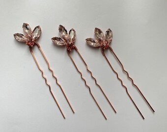 3 x Rose gold crystal hairpins, Bridal bridesmaid  hair clips, hair jewellery, wedding occasions rose gold hairslides, booby pins