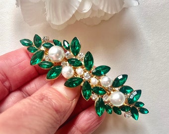 Emerald green crystal pearl on gold hair clip, bride, bridesmaid hair barrette,dark green hairslide, sparkling hair accessory, gift for her