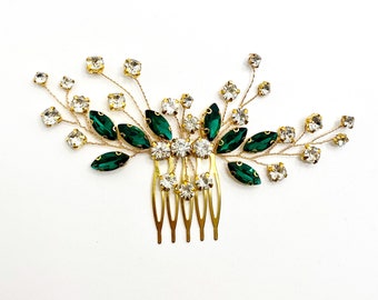 Emerald and gold crystal hair comb, bridal bridesmaid dark green and gold hair slide, wedding hairclip, hair accessories, gift idea