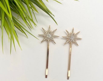 Set of 2 Gold Celestial Star Hair Clips | Gold Star Wedding Hairclips | Sparkly Gold Star Bridal Hairslides  | Gold Star Wedding Bobby Pins