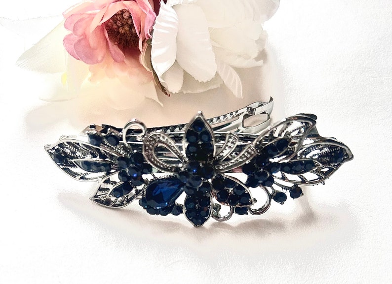 Wedding antique silver navy blue crystal hair barrette, bridal bridesmaid dark blue hairslide, hair clip, something blue, gift for her zdjęcie 5