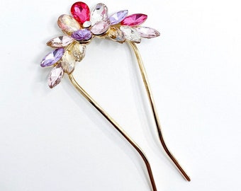 Colourful rhinestone hair pin | gold brass hair stick | hair fork | hair bun pin | U shaped hair clip | gift for her