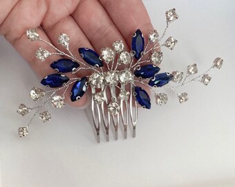 Royal blue and silver crystal hair comb, wedding day hair slide slide for bridal bridesmaids, barrette, hair accessories, gift idea